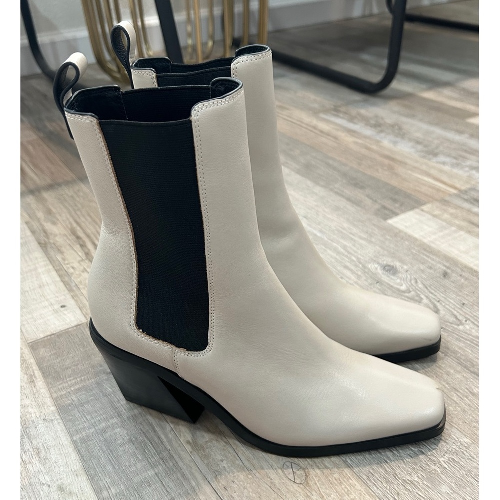 JO MERCER Women’s High Ankle Boots Leather Size 38 / 8 Bone Ivory Block Heel